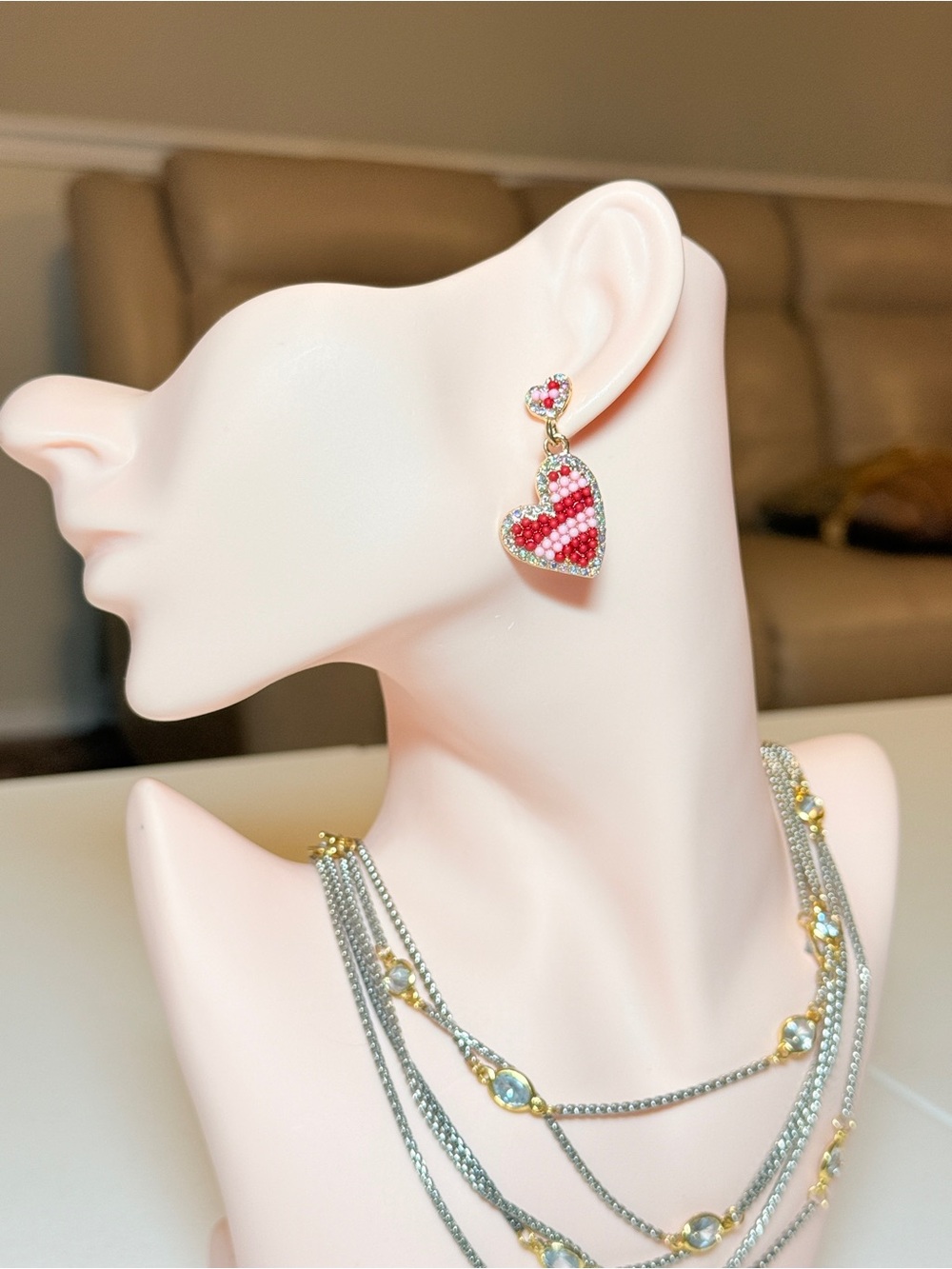 Gold-Tone Red Beaded Heart Drop Earrings